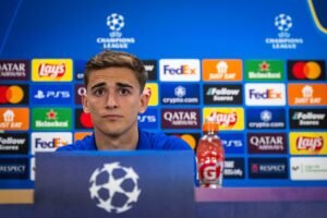 Barcelona player Gavi in a press conference ahead of the Champions league tie against Dortmund