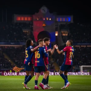 Barcelona players celebrating their win over Borussia Dortmund