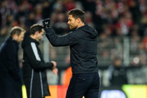 Bayer Leverkusen coach Xabi Alonso celebrating his team's goal