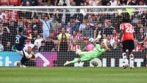 Former Arsenal goalkeeper diving the right way to save Marco Asensio penalty in the Southampton game against Villa