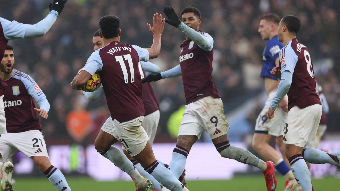 Aston Villa players Marcus Rashford and Ollie Watkins celebrating a goal