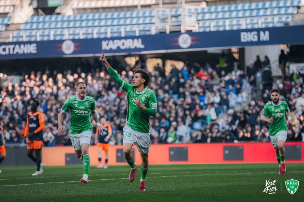 Saint-Etienne striker Lucas Stassin celebrating his goal at the Stade de la Mosson