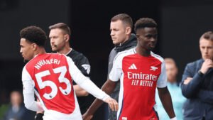 Arsenal forward Bukayo Saka being replaced by Ethan Nwaneri during the match against Ipswich Town at Portman Road
