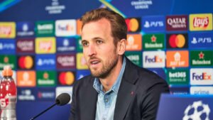 Bayern Munich forward Harry Kane speaking in a press conference ahead of Inter Milan Champions League match