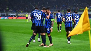 Inter Milan players Lautaro Martinez and Benjamin Pavard celebrating their win over Bayern Munich