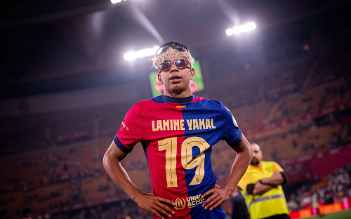 Barcelona winger Lamine Yamal celebrating the club's Copa del Rey win against Real Madrid