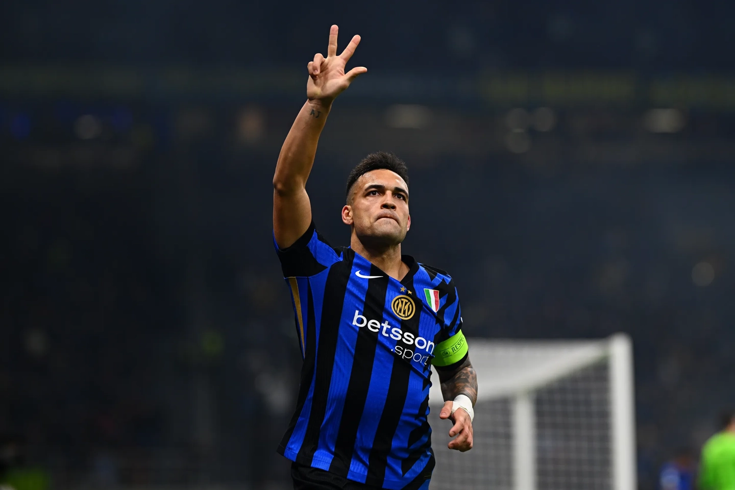 Inter Milan forward Lautaro Martinez celebrating a goal at the San Siro Stadium