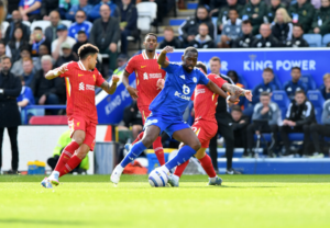 Leicester play battling for the ball against Liverpool