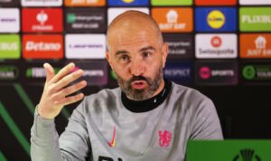 Chelsea coach Enzo Maresca speaking in a press conference ahead of match against Legia