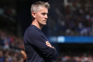 Ipswich boss Kieran McKenna watching his team play from the sidelines against Liverpool