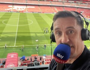 Gary Neville on commentary duty for Sky Sports at Old Trafford