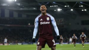 On-loan Manchester United winger Marcus Rashford celebrating a goal for Aston Villa