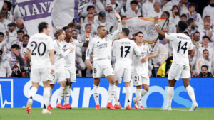 Real Madrid squad celebrating a goal in match before Copa del Rey final