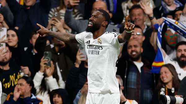 Real Madrid defender Antonio Rudiger celebrating at the Santiago Bernabeu