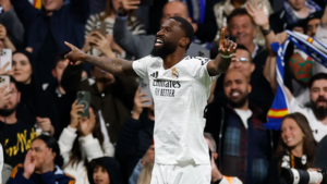 Real Madrid defender Antonio Rudiger celebrating at the Santiago Bernabeu
