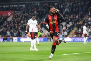 Manchester United target and Bournemouth forward Semenyo celebrating after scoring against Fulham in the Premier League