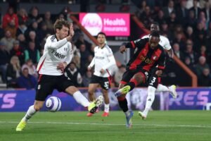 Bournemouth forward and Liverpool target Semenyo shooting to score his goal against Fulham