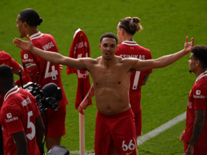 Liverpool right back Trent Alexander-Arnold celebrating his winner against Leicester at the King Power Stadium