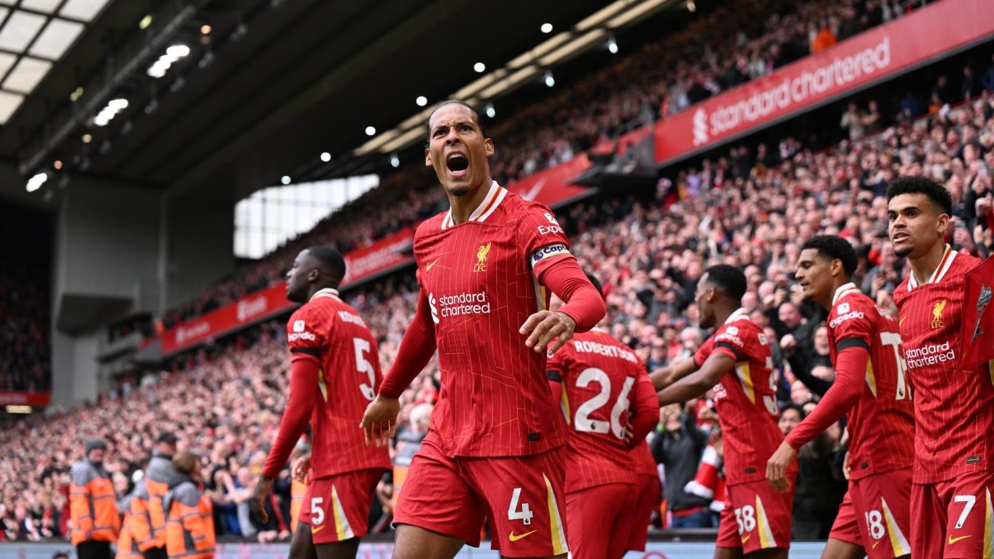 Liverpool player Virgil van Dijk celebrates his winner against West Ham at Anfield