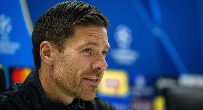 Bayer Leverkusen coach Xabi Alonso speaking at a press conference