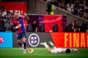 Barcelona winger Lamine Yamal playing against Real Madrid
