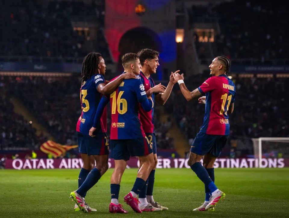 Barcelona players celebrating a goal at the Estadi Olimpic