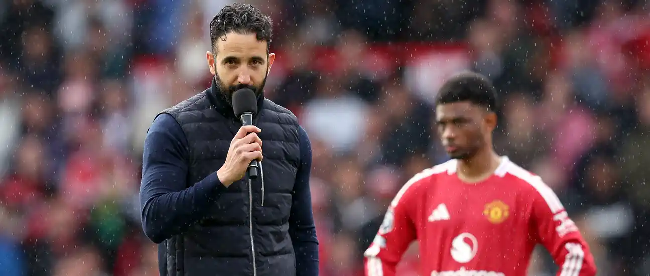 Ruben Amorim speaking to Manchester United fans at stadium as Amad Diallo stands beside him