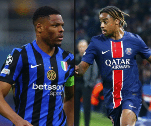 Composite of Inter Milan defender Denzel Dumfries and PSG forward Bradley Barcola