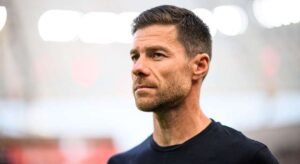 Bayer Leverkusen manager Xabi Alonso looking ahead in a stadium