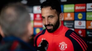 Manchester United coach Ruben Amorim speaking at a press conference