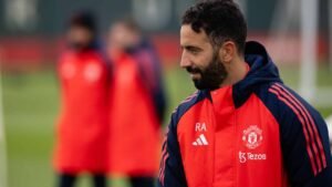 Manchester United manager Ruben Amorim supervising a training session