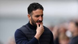 Manchester United head coach Ruben Amorim standing during Premier League game against Brentford