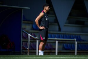 Barcelona defender Ronald Araujo looking on during a training session