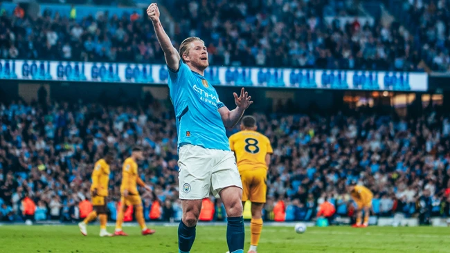 Manchester City midfielder Kevin de Bruyne celebrating his goal against Wolves at the Etihad
