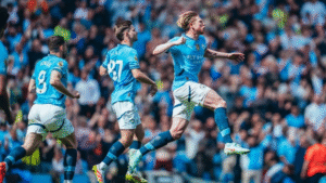 Manchester City midfielder Kevin de Bruyne celebrating a goal against Wolves at the Etihad