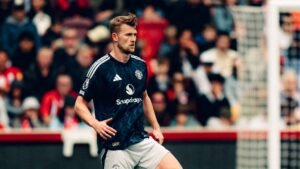 Manchester United defender Matthijs de Ligt standing during his side's Premier League game against Brentford
