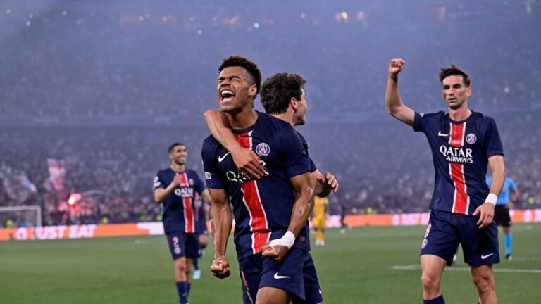 Desire Doue celebrating his first and PSG's second goal of the night.