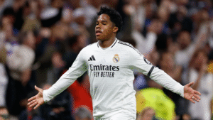 Real Madrid forward Endrick celebrating a goal at the Bernabeu