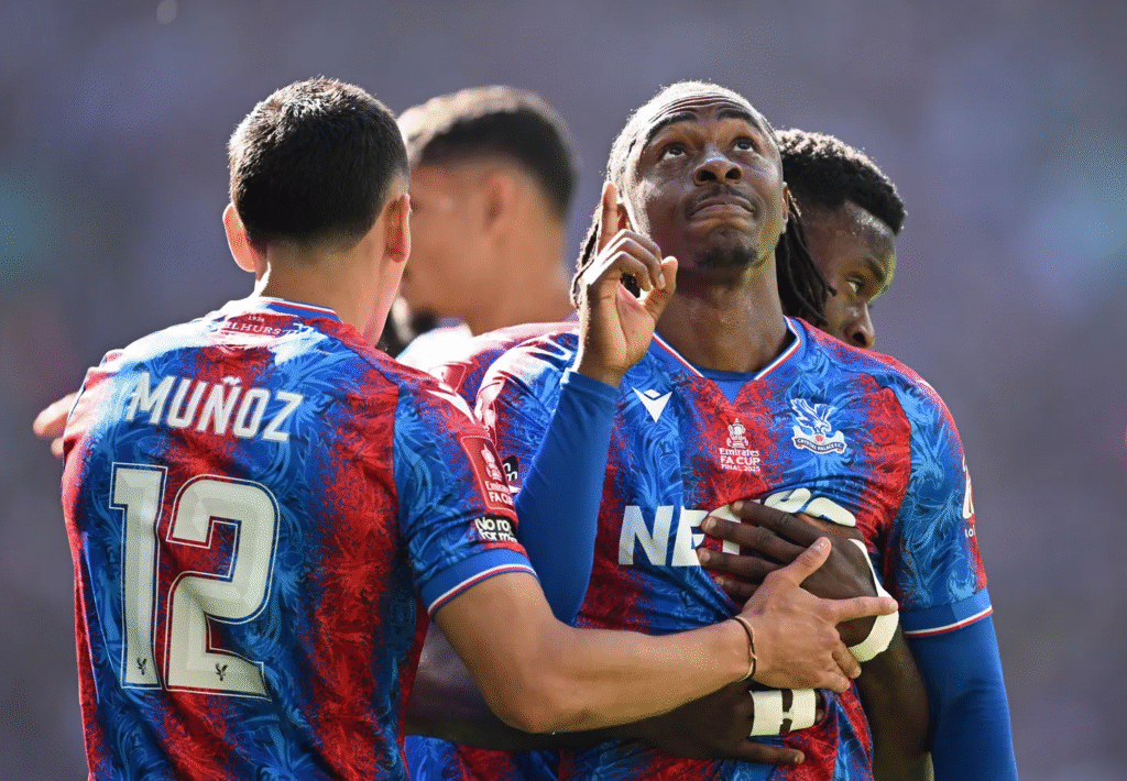 Eberechi Eze celebrating after his first half goal for Crystal Palace.