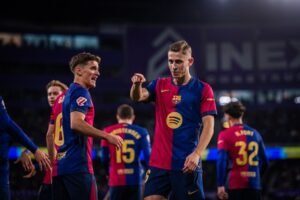 Barcelona midfielder Fermin Lopez celebrating his winner against Real Valladolid