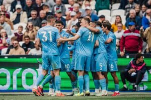 Nottingham Forest players celebrating a goal against West Ham