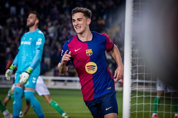 Barcelona player Gavi celebrating a goal during a match