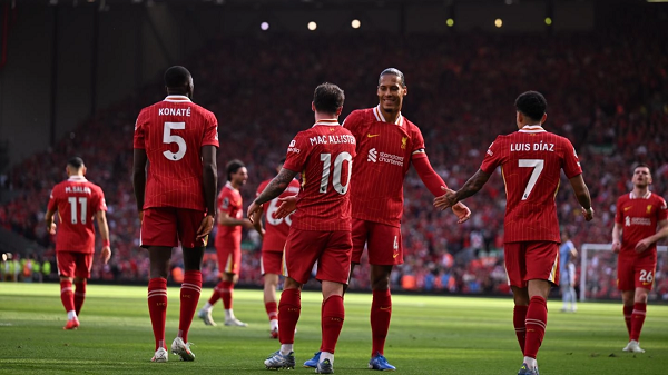 Liverpool players celebrating a goal in the Premier League