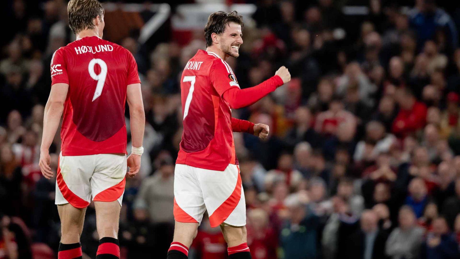Manchester United midfielder Mason Mount celebrating a goal against Athletic Club