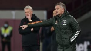 Manager Ole Gunnar Solskjaer of Manchester United watches from the touchline during the Premier League match between West Ham United and Manchester United at London Stadium on December 05, 2020 in London, England. A limited number of fans are welcomed back to stadiums to watch elite football across England. This was following easing of restrictions on spectators in tiers one and two areas only.