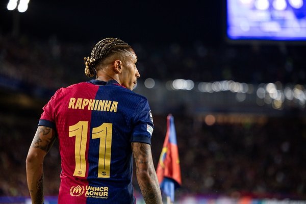 Barcelona winger Raphinha walking in the stadium during a football match