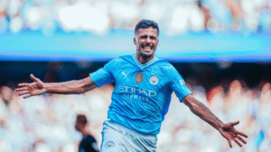 Manchester City midfielder Rodri celebrating a goal in the Premier League