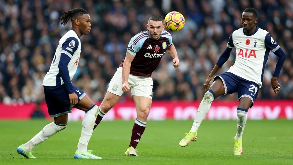 Aston Villa captain John McGinn heading the ball in a Premier League match against Tottenham Hotspur