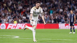 Federico Valverde celebrating Real Madrid's third goal against Pachuca