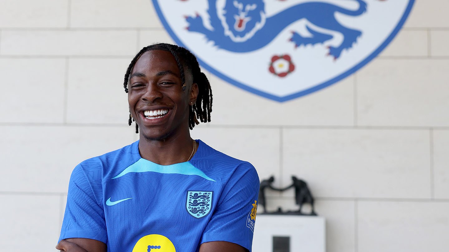 Eberechi Eze of England poses for a photograph as he arrives at St George's Park on June 11, 2023 in Burton upon Trent, England.